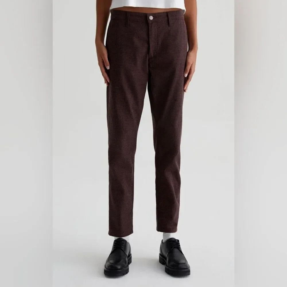 New AG Adriano Goldschmied Caden Tailored Trousers Pixie Gingham Maroon Multi